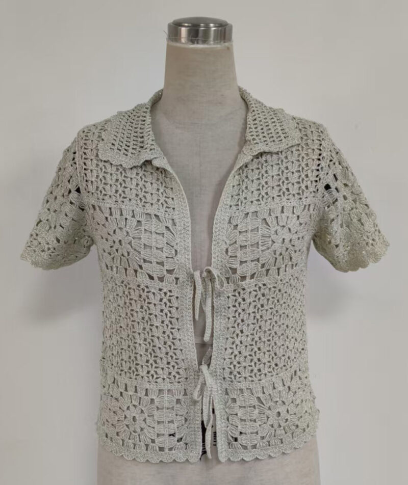 Women Cotton Short Sleeves Embroidery Cardigan Eco-Friendly Simple Fashion Custom Personalized Logo ODM Crochet Yarn Tshirt