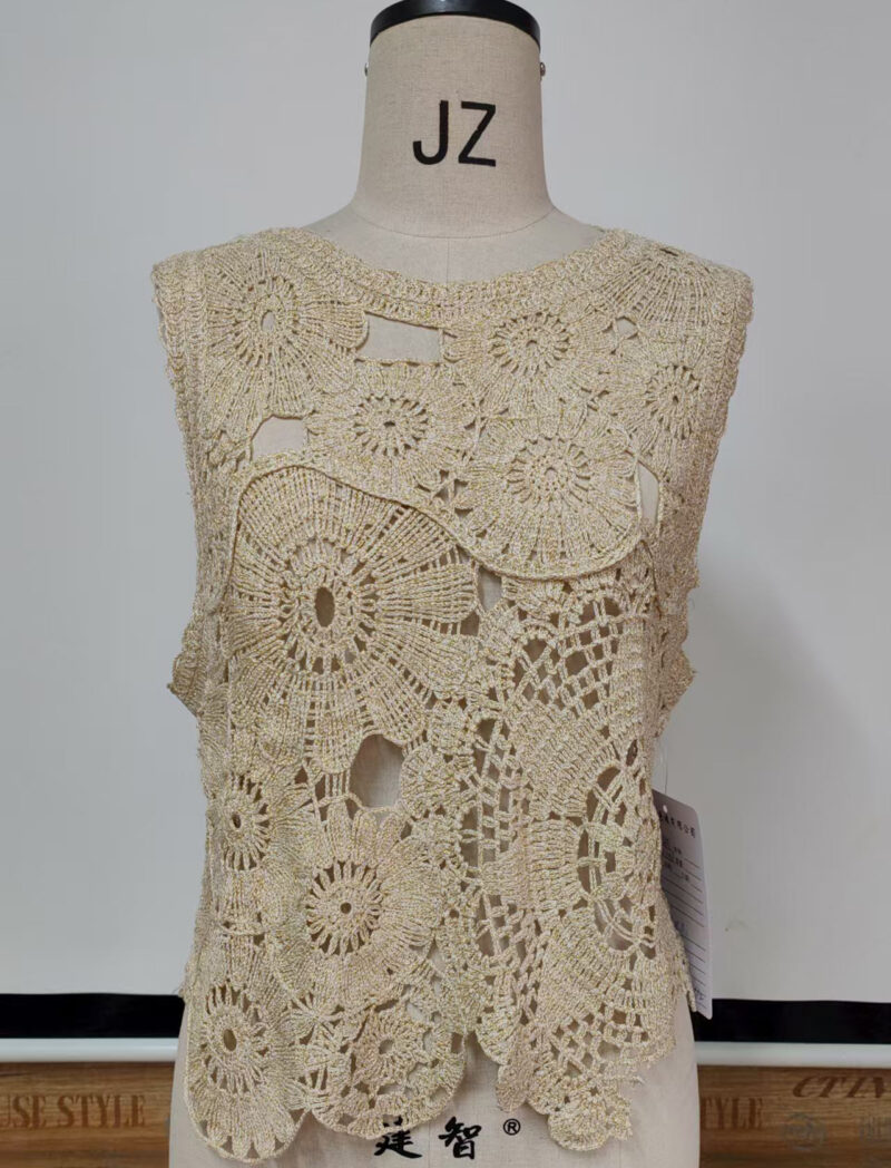 Women Crochet Clothes Cut Out Pullover Round Neck Sleeveless Slim Fit Top Breathable Canvas Casual Style Short Cut Hollow Hook Flower Lace Women's Tank Top