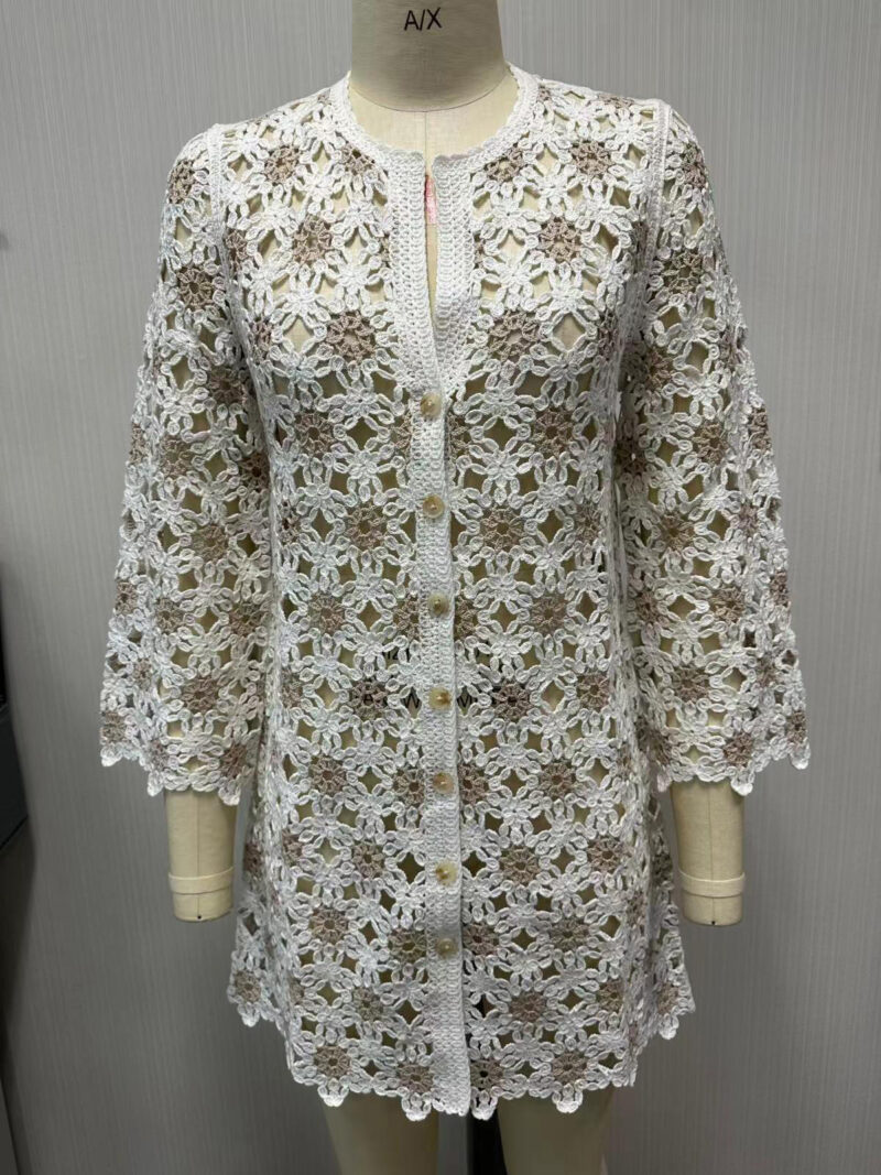 Custom Crochet Tops Knitted Women Fashionable Cotton Fabric Embroidered with Openwork and High-quality Cardigan Knitwear