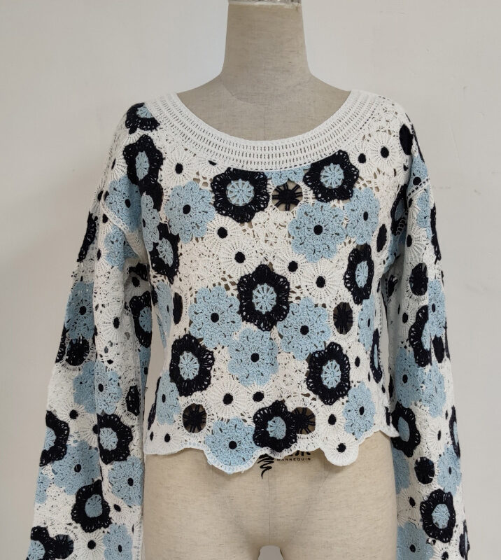 Women French-Style Floral Embroidered Color-Block Knitted Hollow-Out O-neck Pullover Long-Sleeve Sexy Slim-Fit Breathable Short Casual