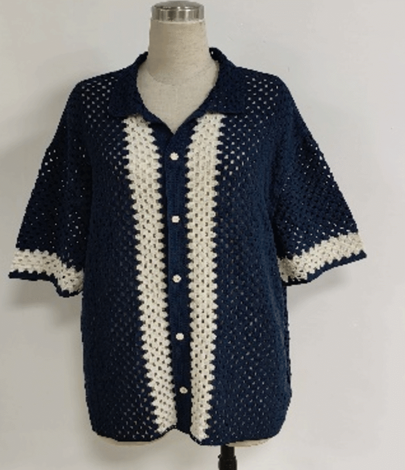 Custom Summer Embroidery Top Knitwear Cotton Cardigan Button up Fashion Short Sleeves Men Crochet Shirt